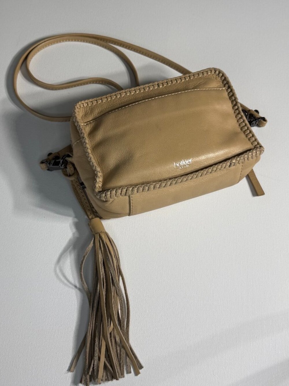 Botkier New York Beige Leather Crossbody Bag Whipstitch Tassel